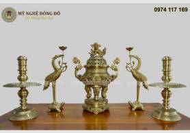 Bộ đỉnh đồng song long chầu nguyệt phật mờ vàng cao 70 cm